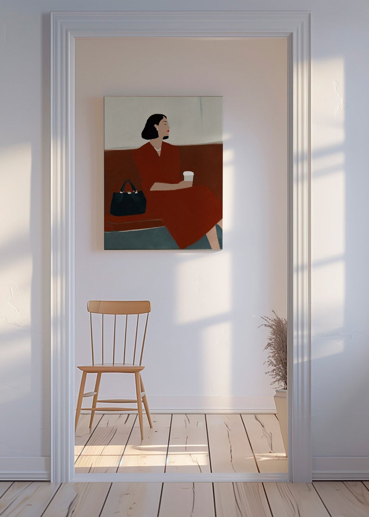 Cuadro de cocina: mujer con café y bolso – Canvas