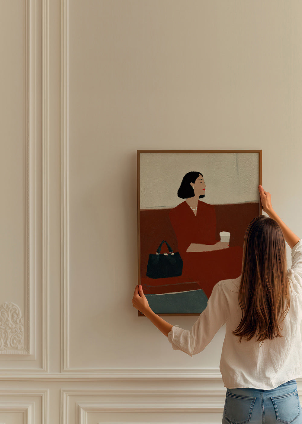 Cuadro de cocina: mujer con café y bolso – Product1