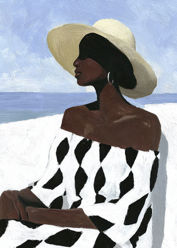 Ilustración de mujer junto al mar con vestido geométrico