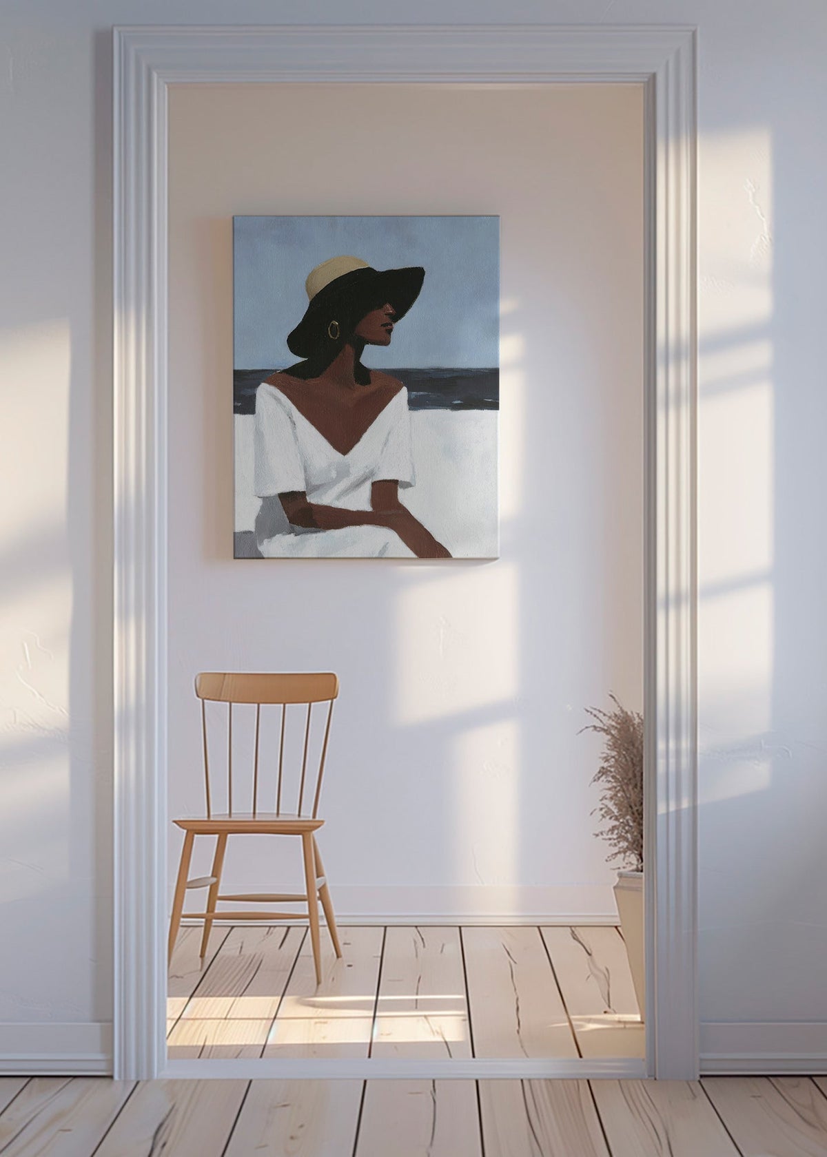 Cuadro de paisaje con figura femenina y sombrero – Canvas