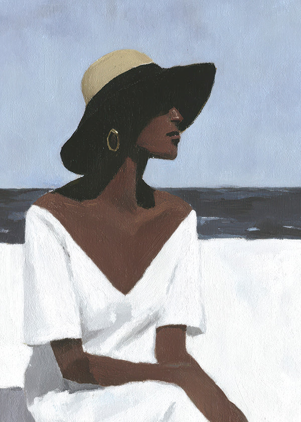 Cuadro de paisaje con figura femenina y sombrero