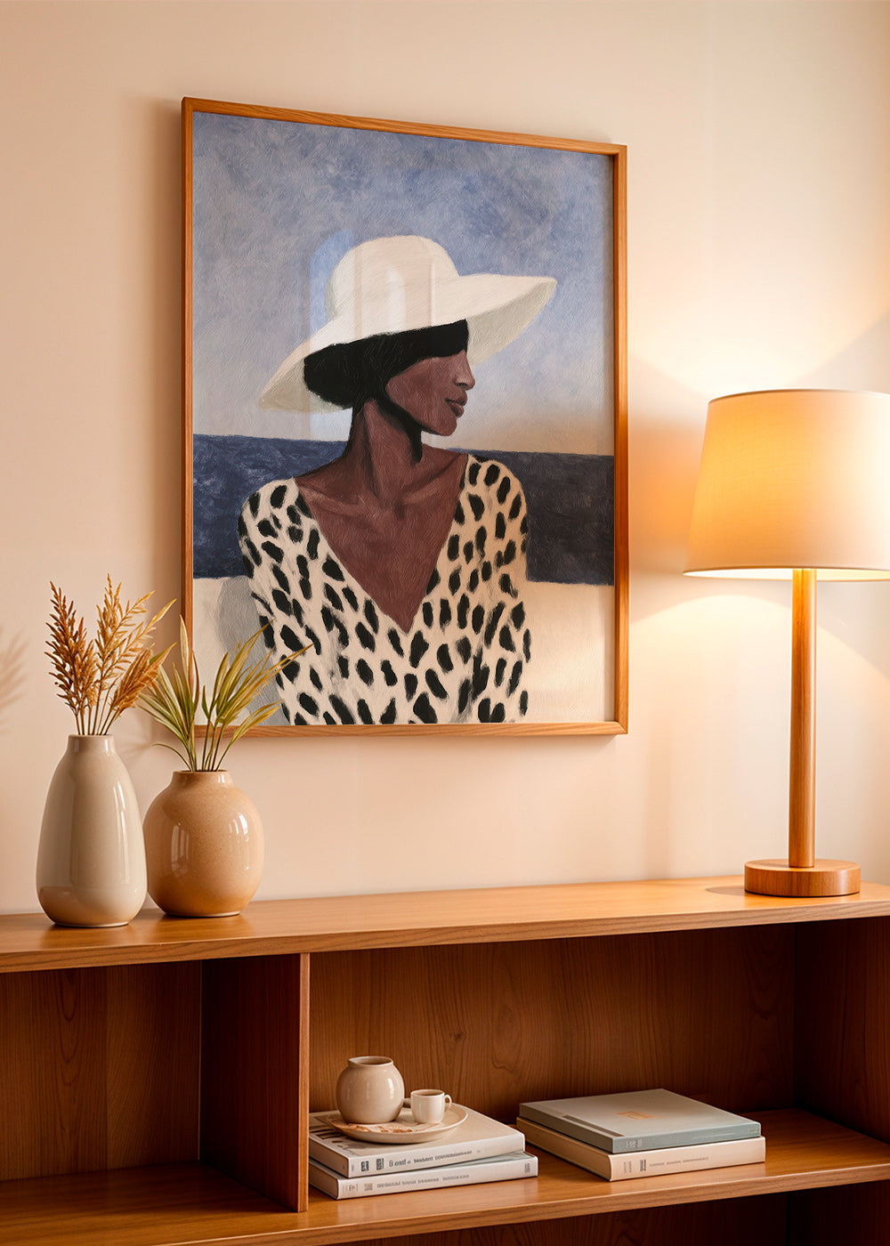 Ilustración de mujer con sombrero y mar – Product3