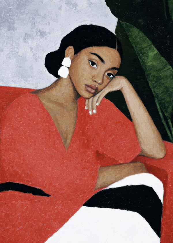 Ilustración de mujer con vestido rojo y hoja tropical