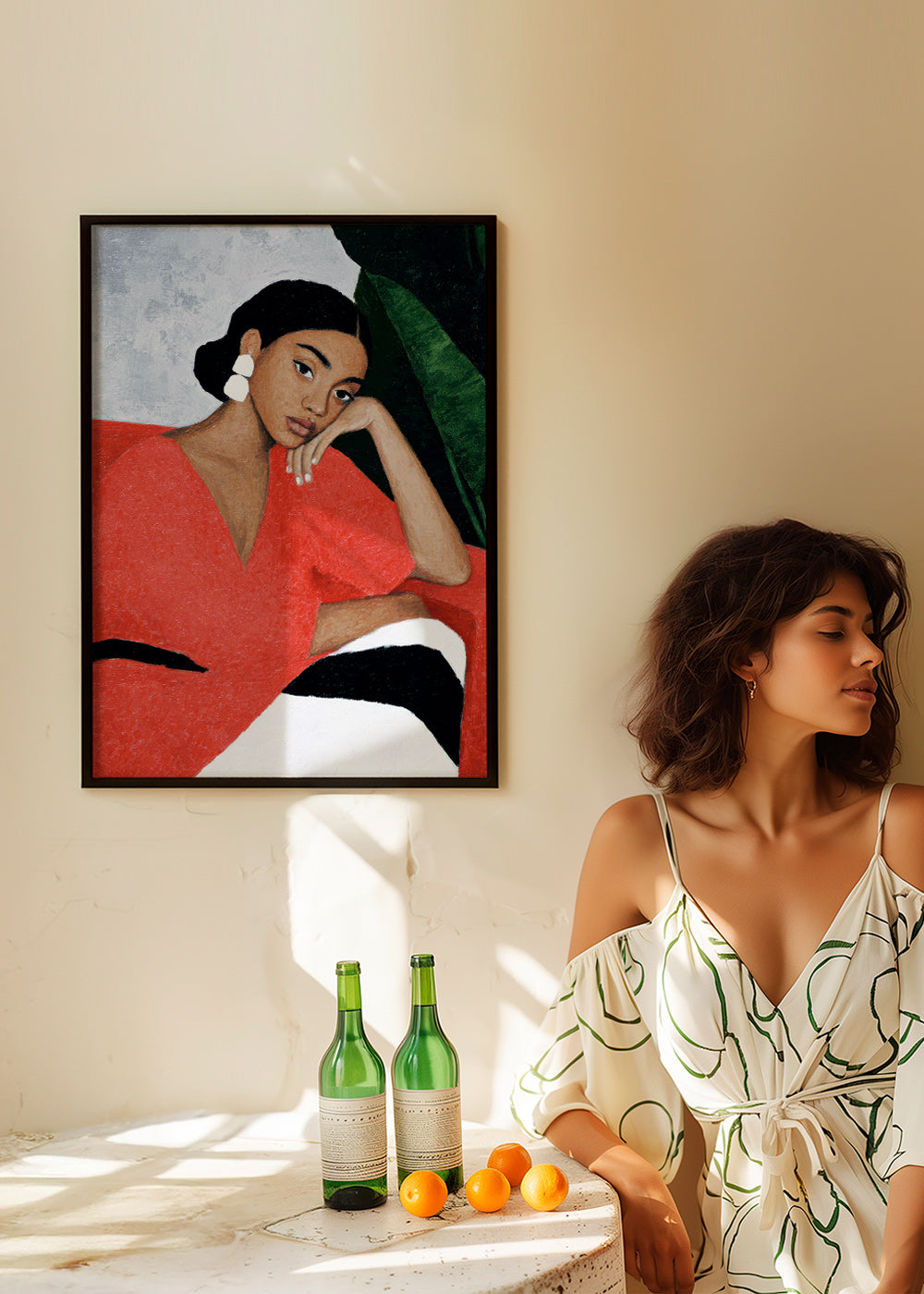 Ilustración de mujer con vestido rojo y hoja tropical – Product2
