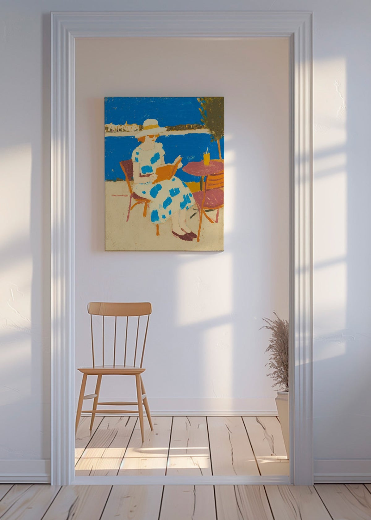 Ilustración lectora en terraza marítima – Canvas