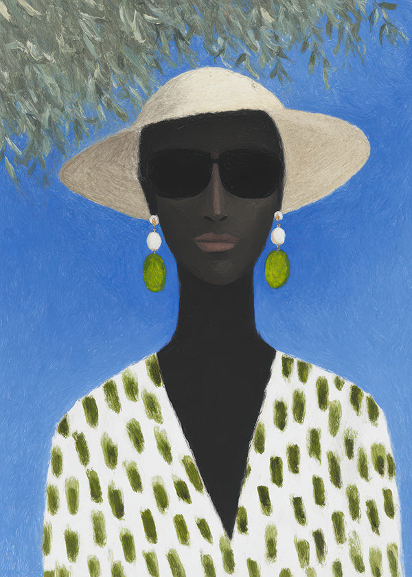 Ilustración femenina con sombrero y patrón verde