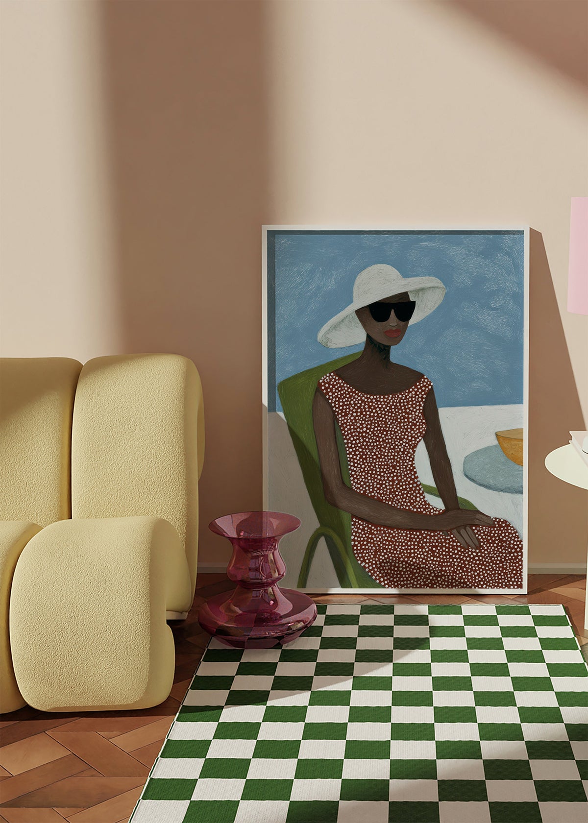 Ilustración femenina con sombrero y silla verde – Product1