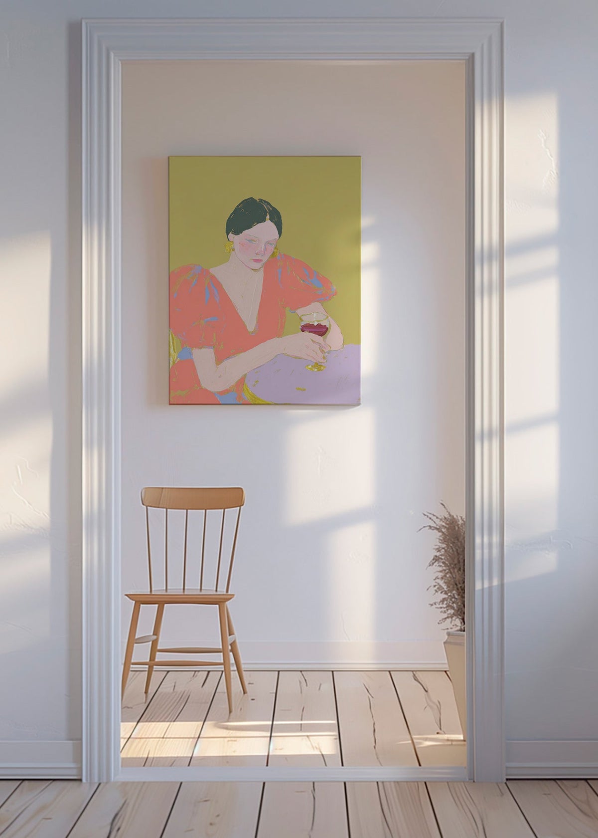 Cuadro de cocina: mujer con copa en tonos pastel – Canvas