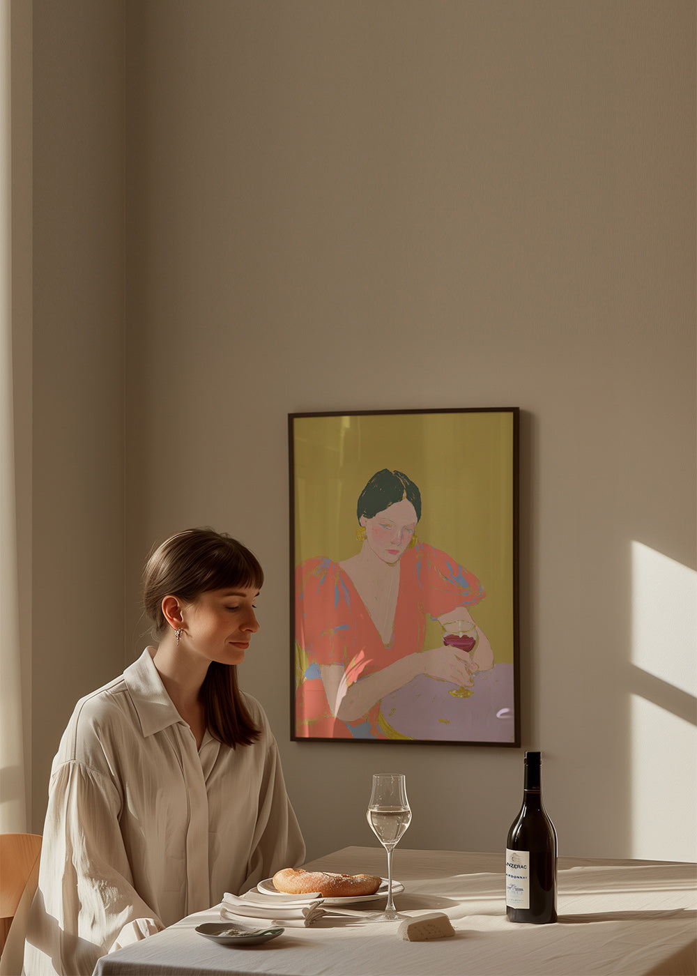 Cuadro de cocina: mujer con copa en tonos pastel – Product1