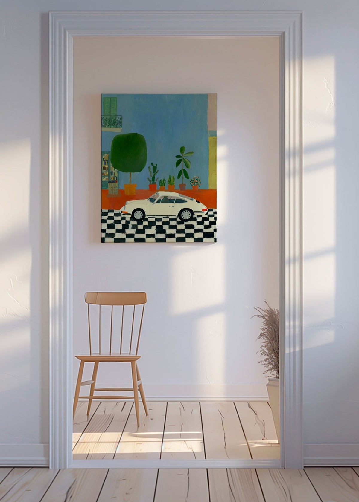 Ilustración con coche clásico y plantas de interior – Canvas