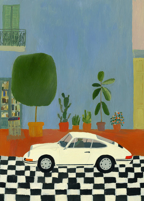 Ilustración con coche clásico y plantas de interior