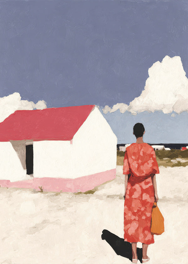 Cuadro de paisaje con figura y casita roja