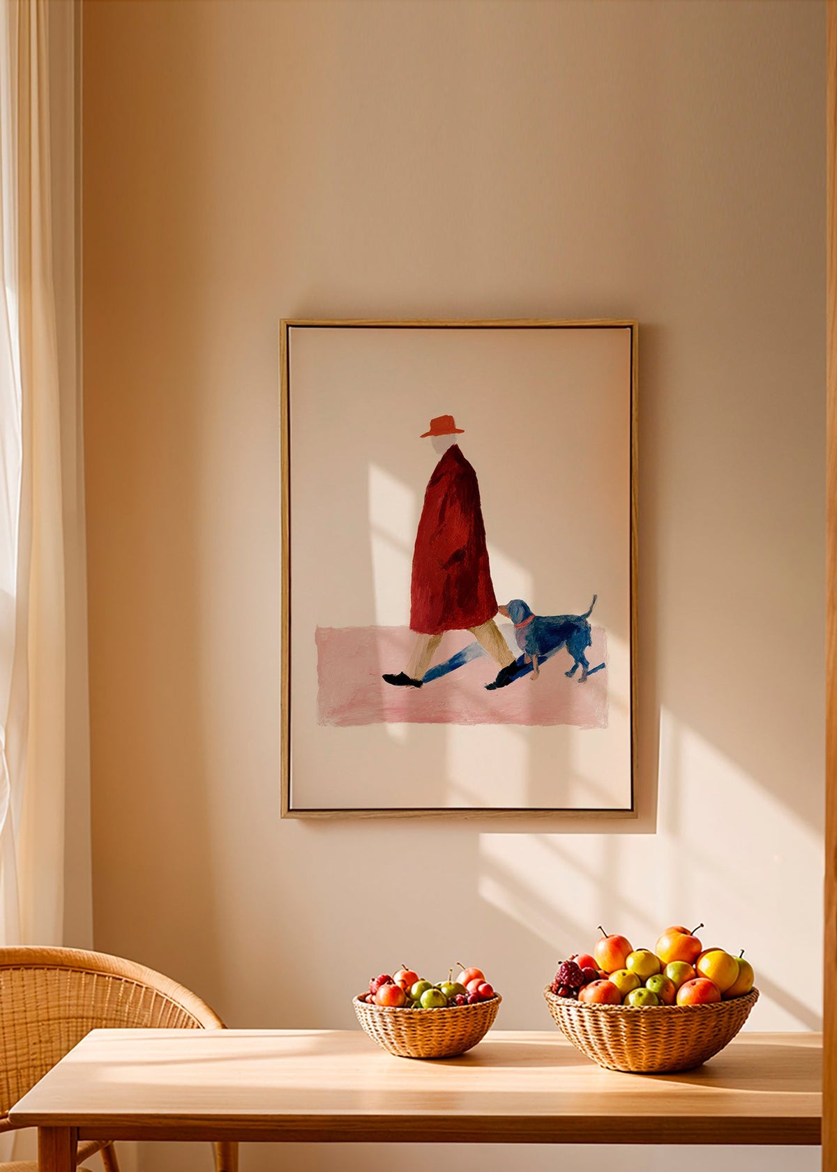 Ilustración de paseante con perro y abrigo rojo – Canvas2