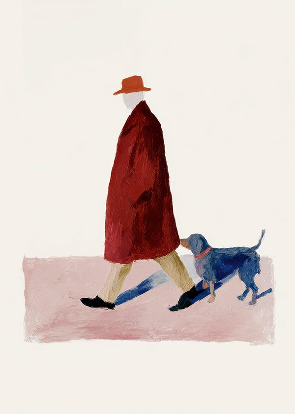 Ilustración de paseante con perro y abrigo rojo