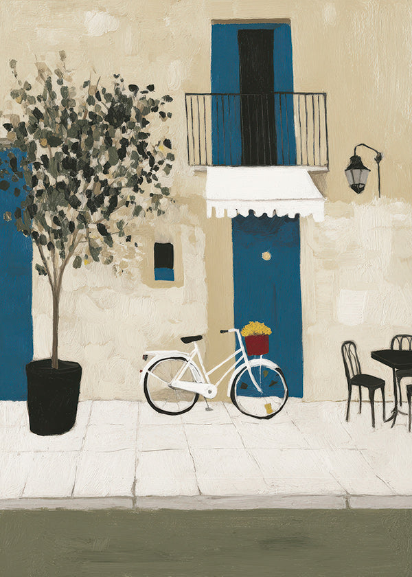 Ilustración: bicicleta junto a puerta azul