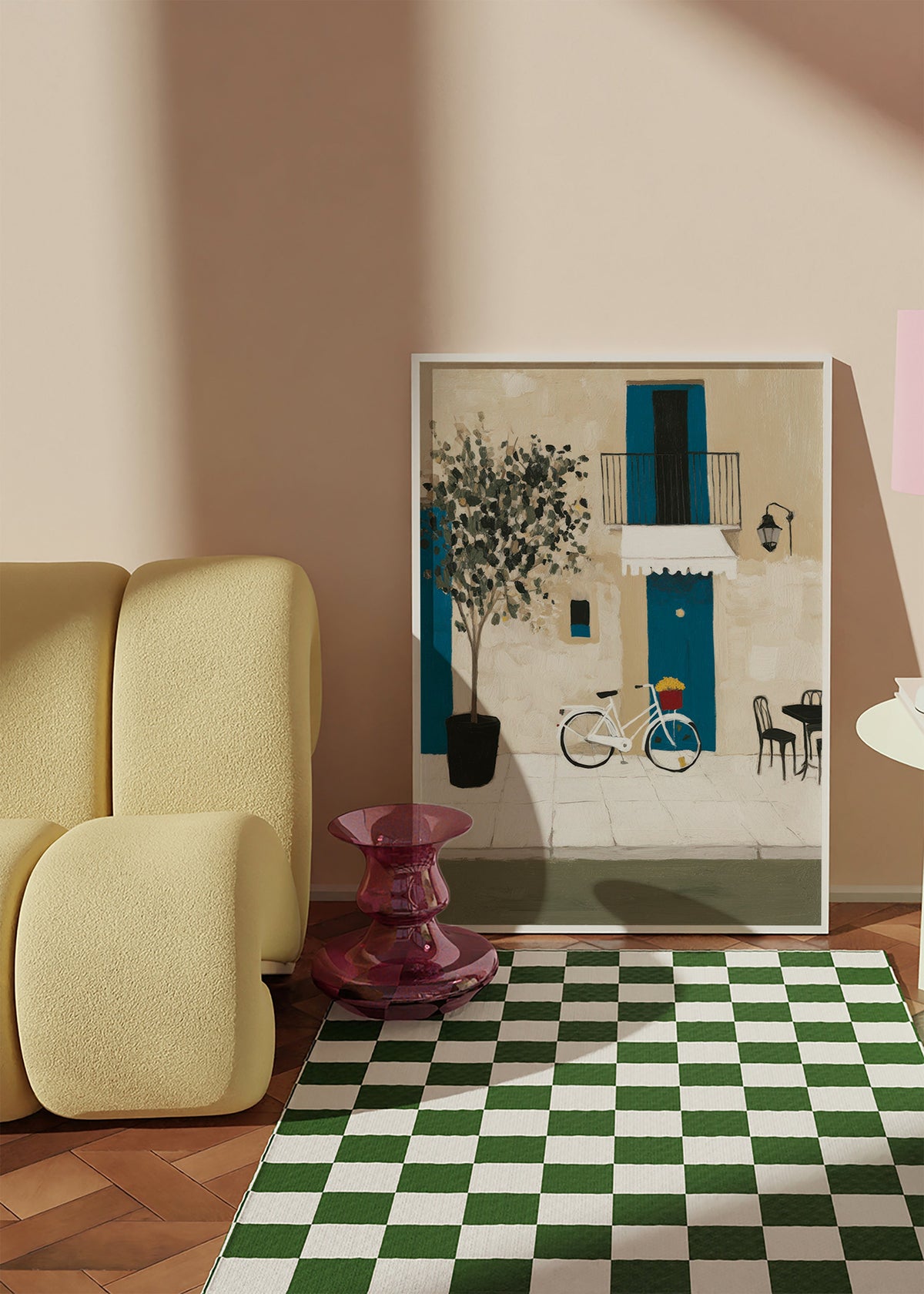 Ilustración: bicicleta junto a puerta azul – Product3