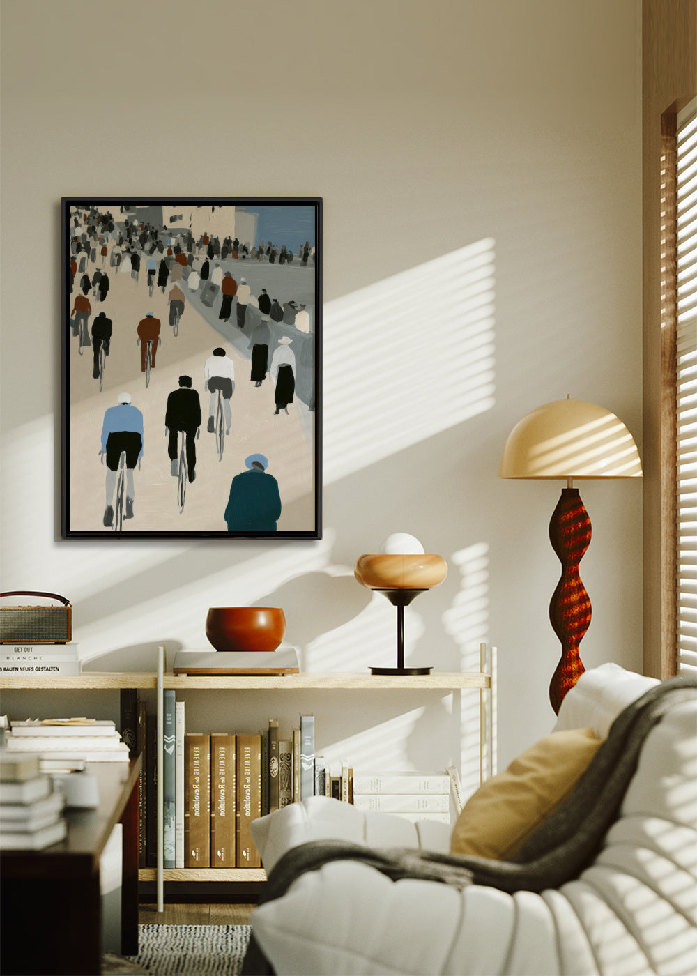 Promenade Cyclists - Framed canvas in an interior