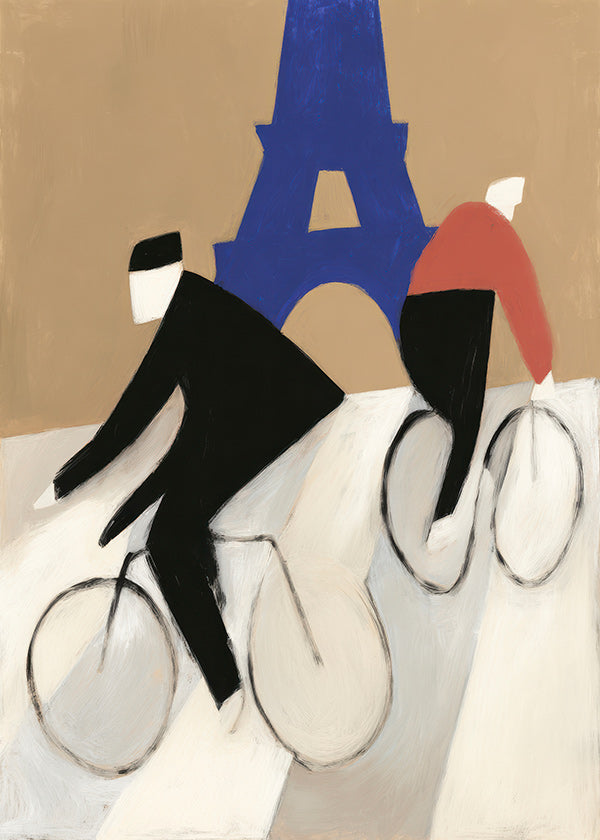 Cuadro de ciudades con ciclistas y Torre Eiffel