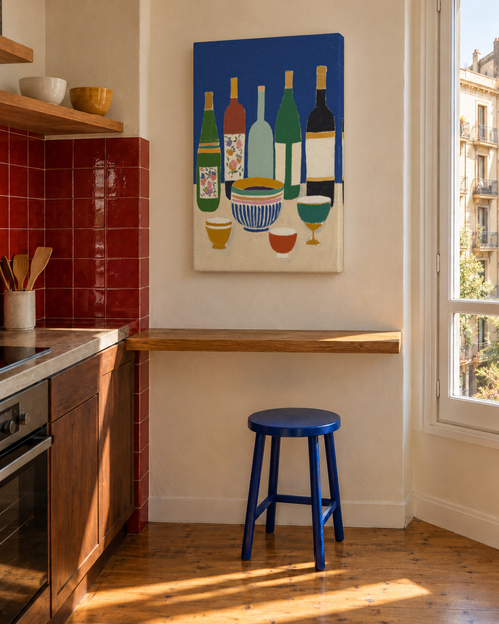 Blue Bottles Still Life - Unframed canvas in an interior