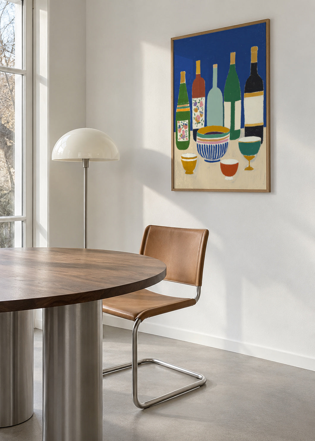 Blue Bottles Still Life - Framed poster in an interior