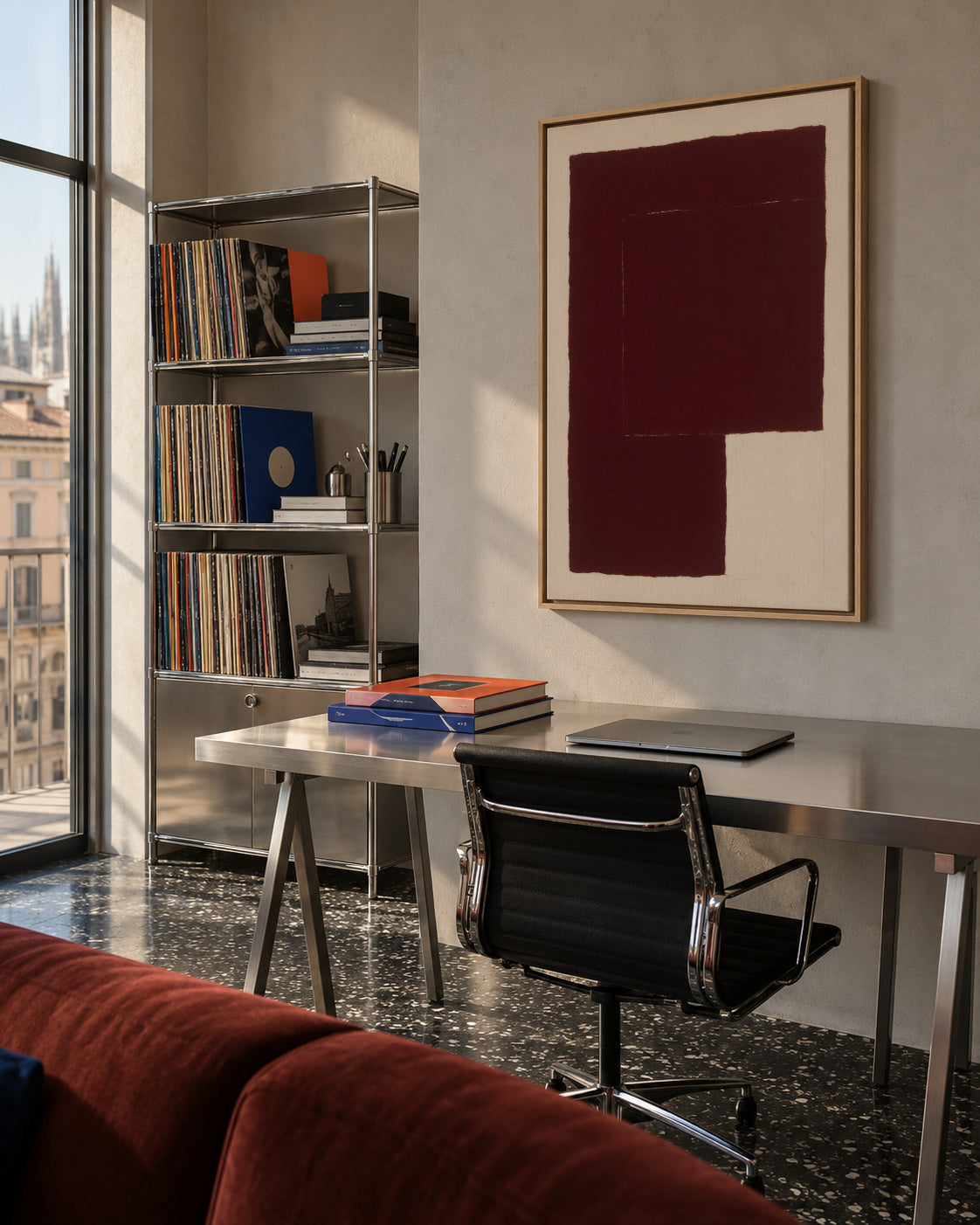 Crimson Structure I - Framed canvas in an interior