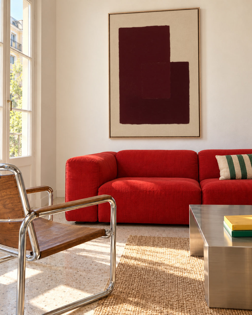 Crimson Structure II - Framed canvas in an interior