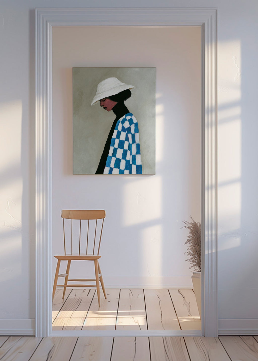 Ilustración perfil femenino con sombrero y cuadros – Canvas