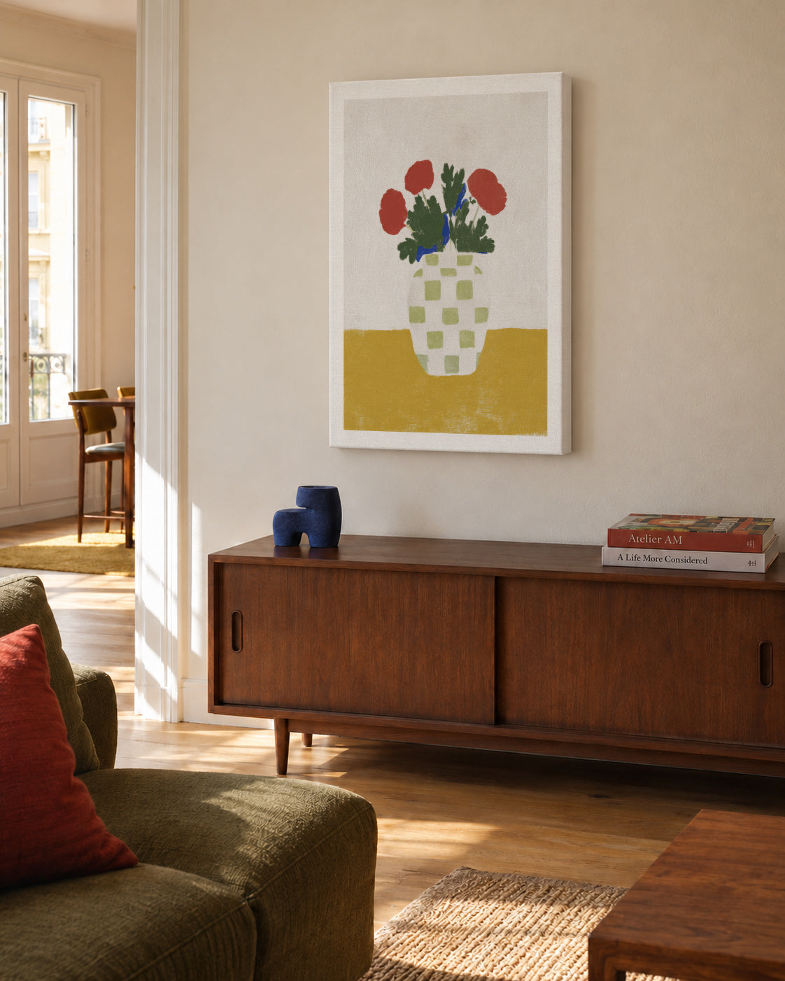 Checked Vase with Poppies - Unframed canvas in an interior