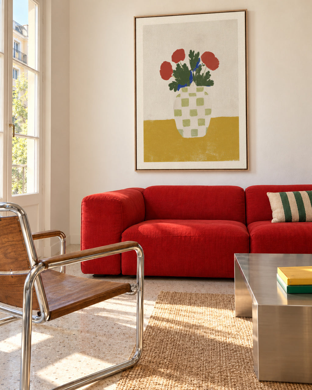 Checked Vase with Poppies - Framed canvas in an interior