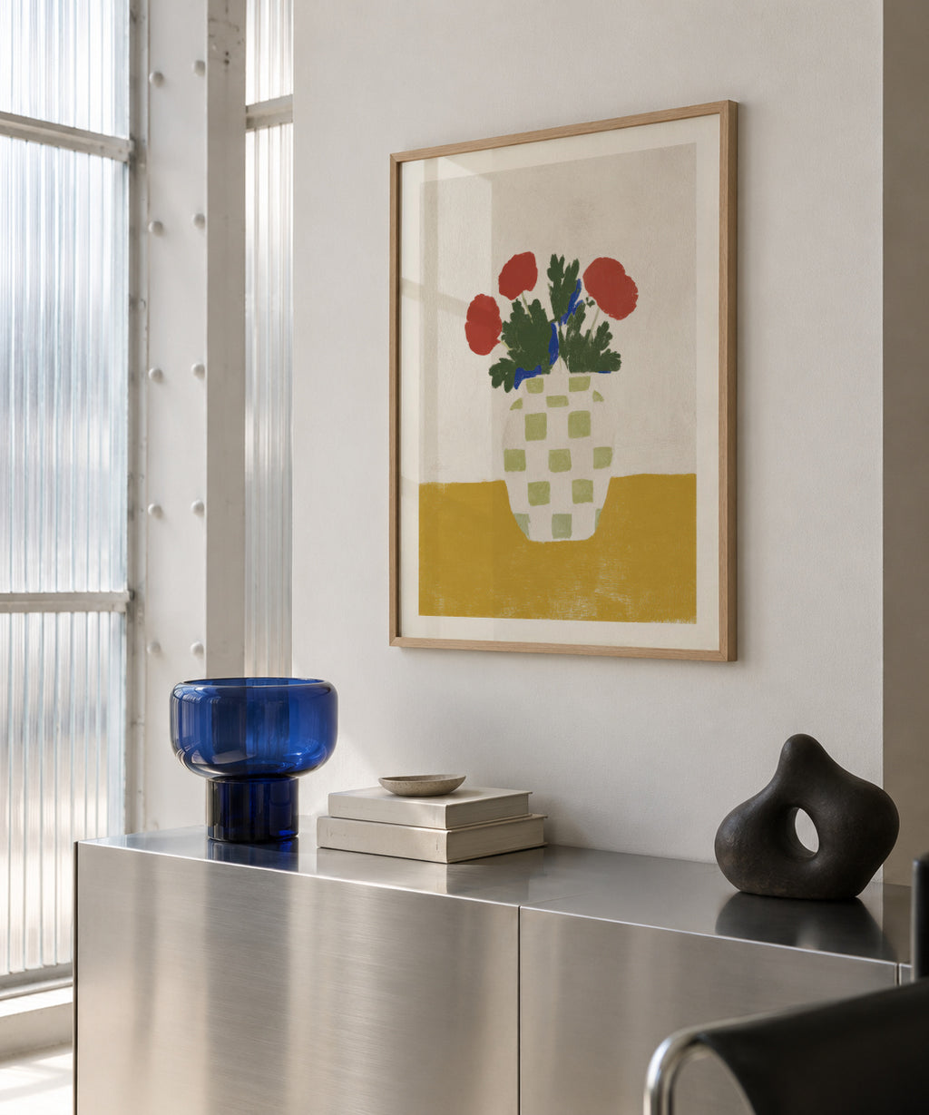 Checked Vase with Poppies - Framed poster in an interior