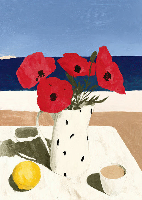 Lámina botánica con amapolas junto al mar