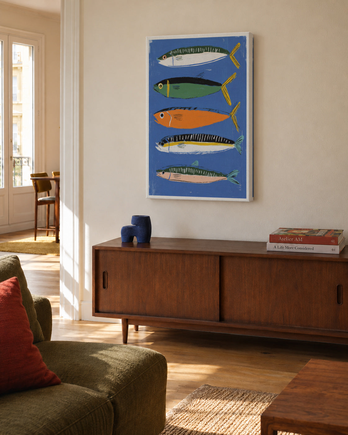 Blue Fish Triptych - Lienzo sin marco en ambiente