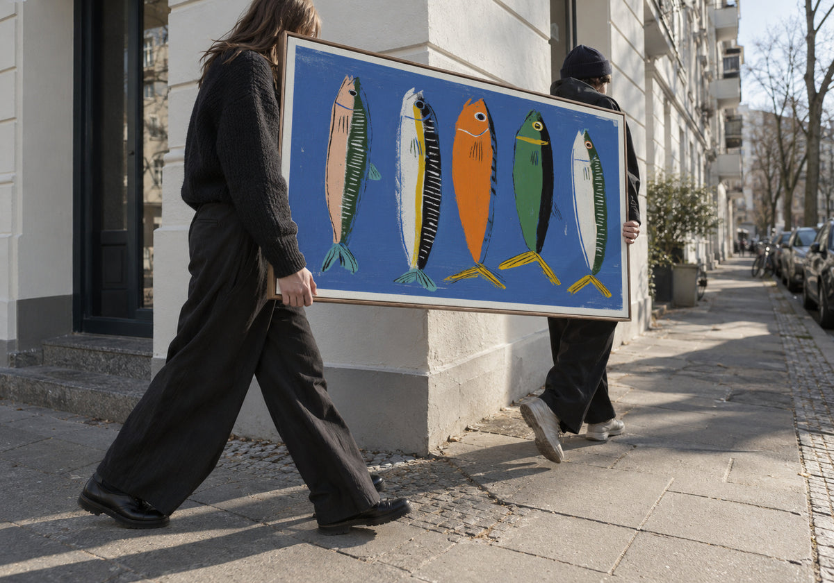 Blue Fish Triptych - Lienzo en ambiente