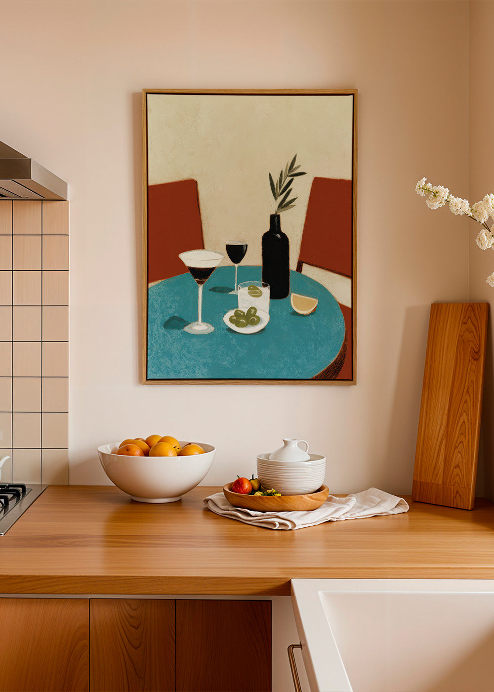 Cuadro de cocina con aperitivo sobre mesa azul – Canvas1