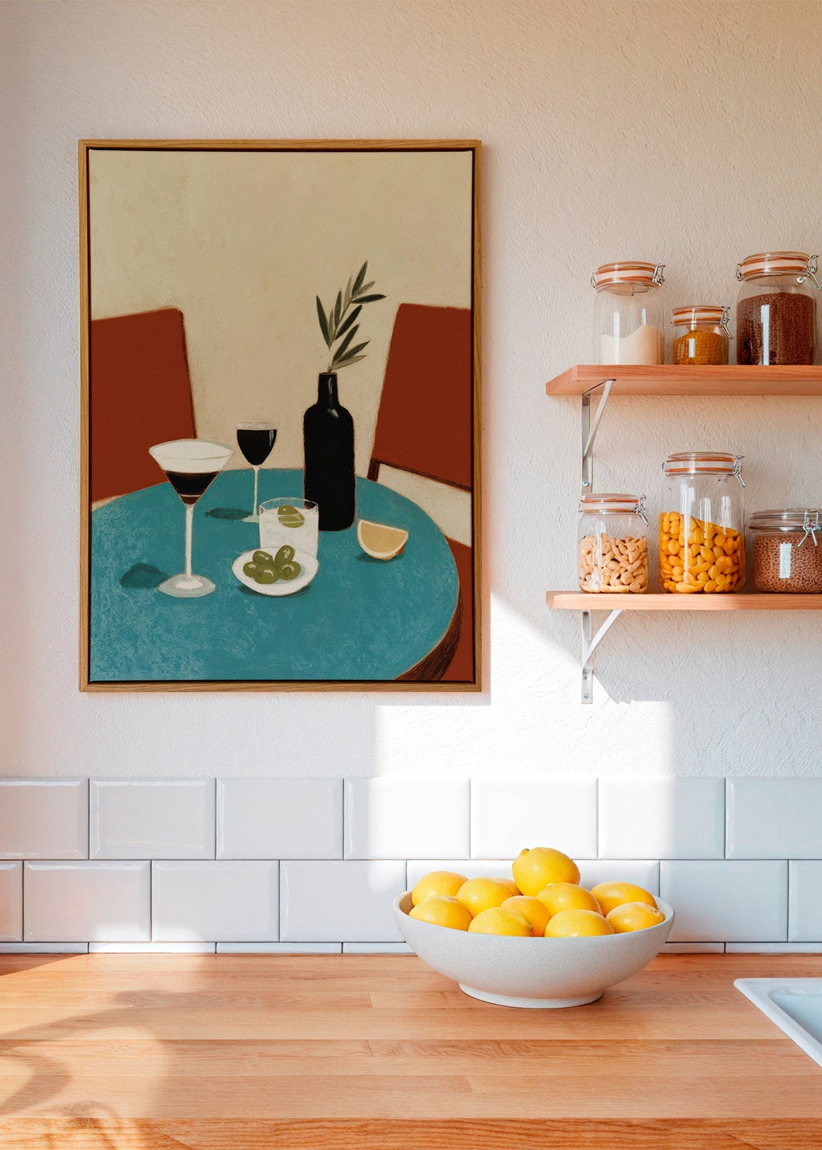 Cuadro de cocina con aperitivo sobre mesa azul – Canvas2