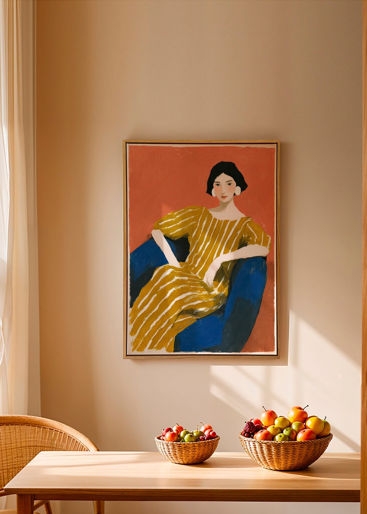 Ilustración: mujer con vestido dorado a rayas – Canvas1