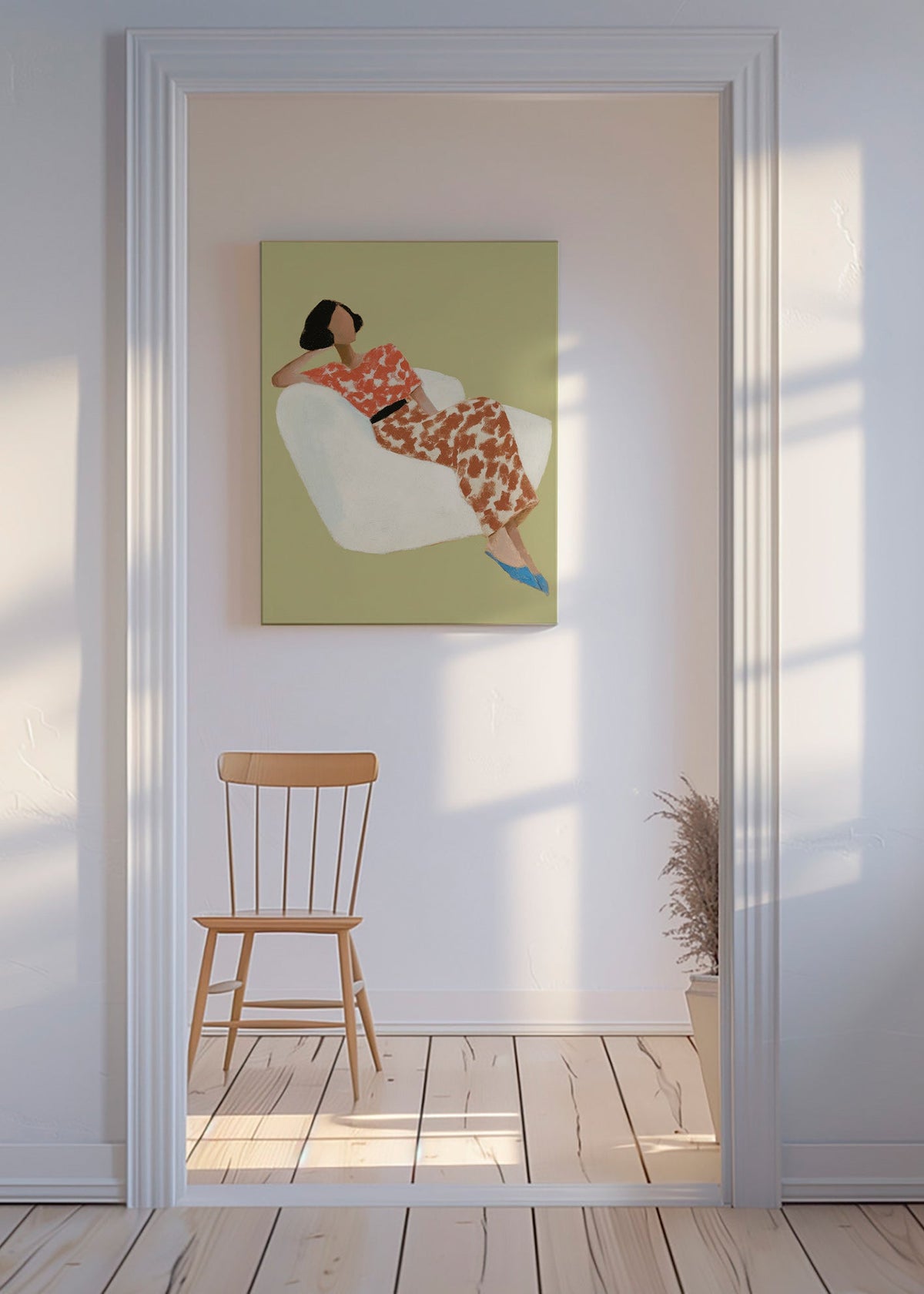 Ilustración reclinada en sillón blanco – Canvas