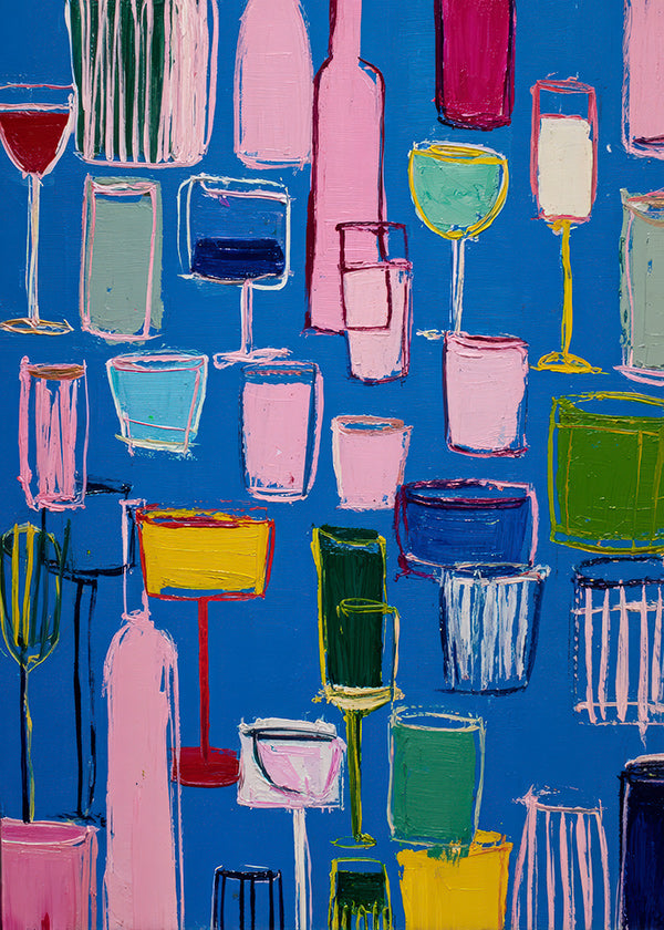 Cuadro de cocina: cócteles pictóricos sobre fondo azul