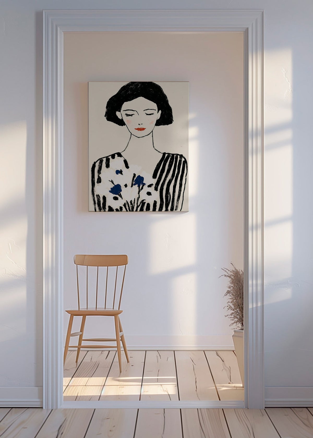 Ilustración: retrato femenino con flores y líneas – Canvas