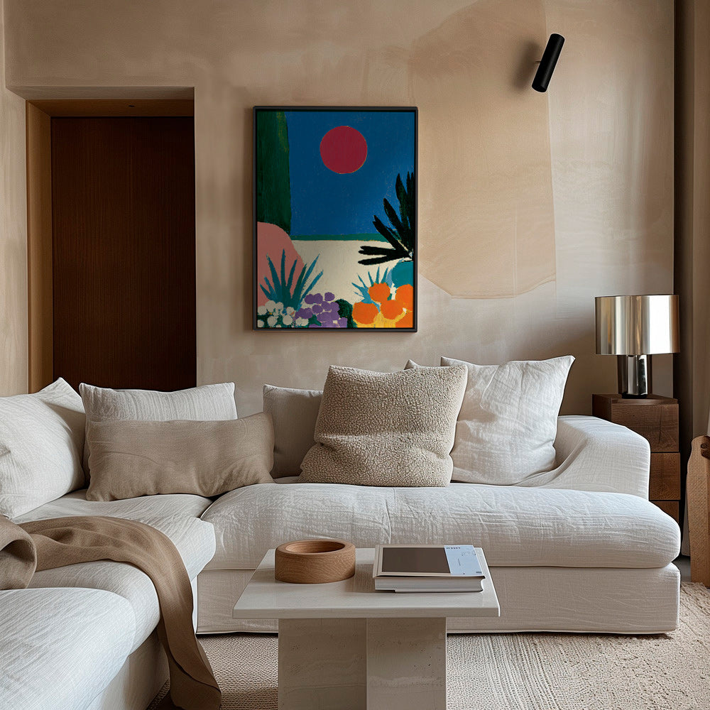 Lámina botánica con luna roja y jardín estilizado – Canvas2