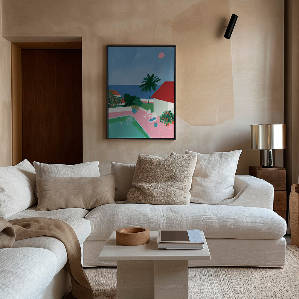 Cuadro de paisaje con piscina, palmera y casa roja – Canvas1