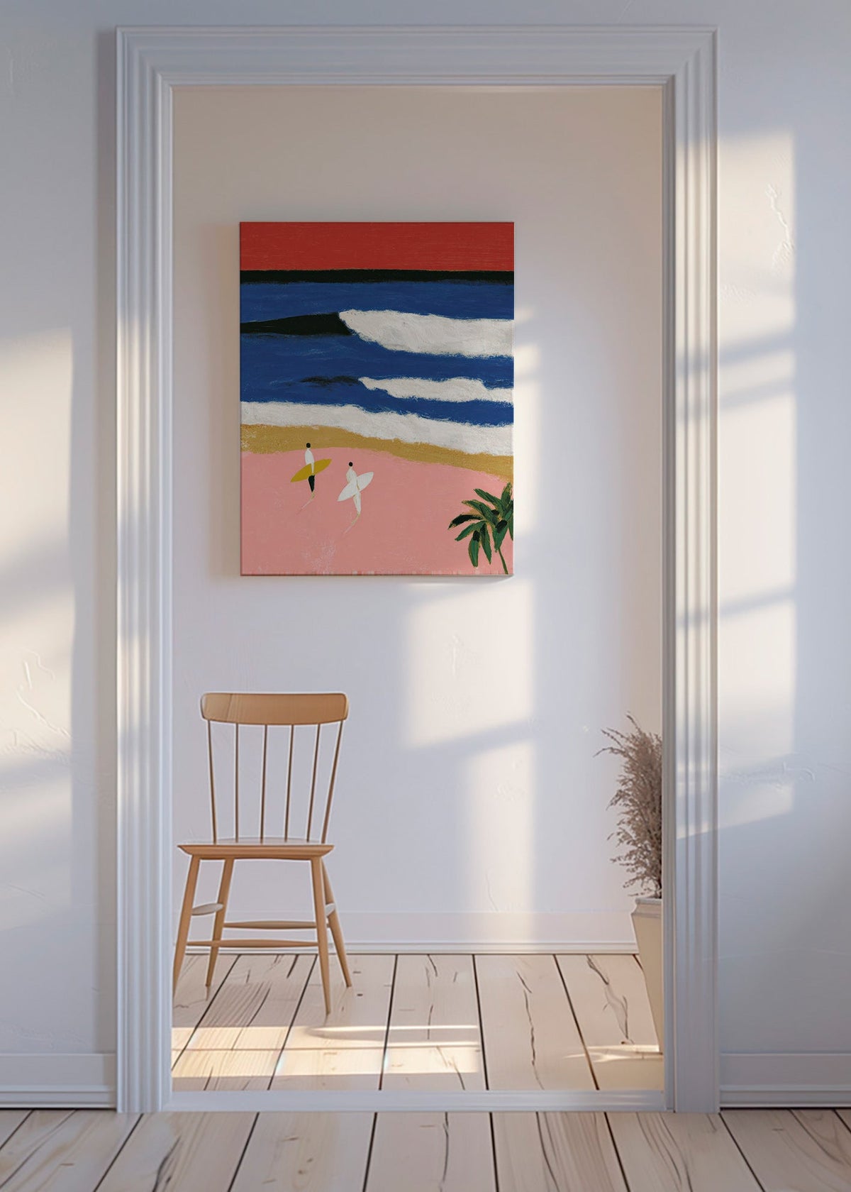 Cuadro de paisaje con surfistas y arena rosa – Canvas