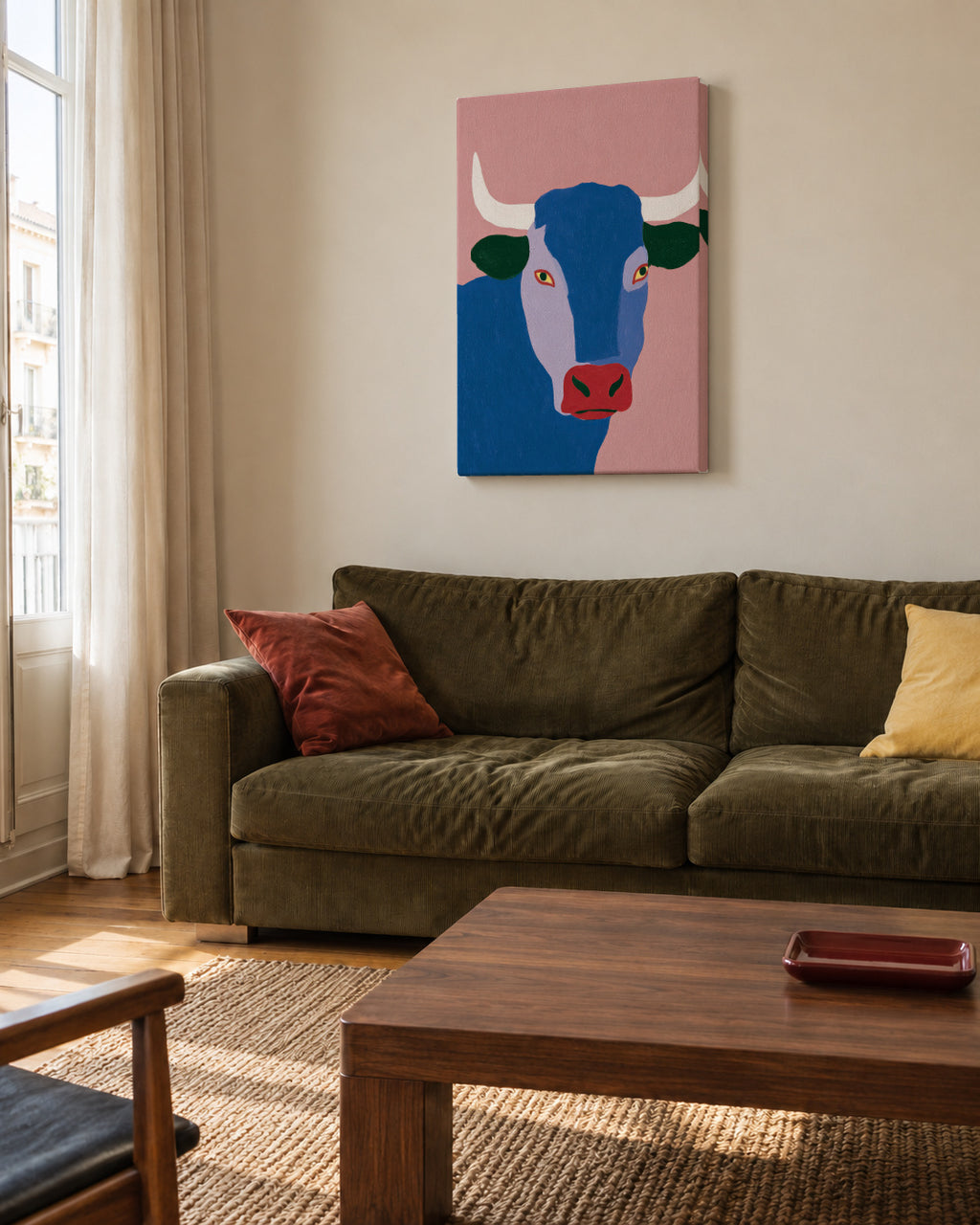 Indigo Bull - Unframed canvas in an interior