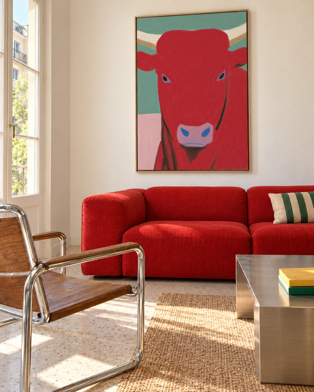 Red Bull Portrait - Framed canvas in an interior