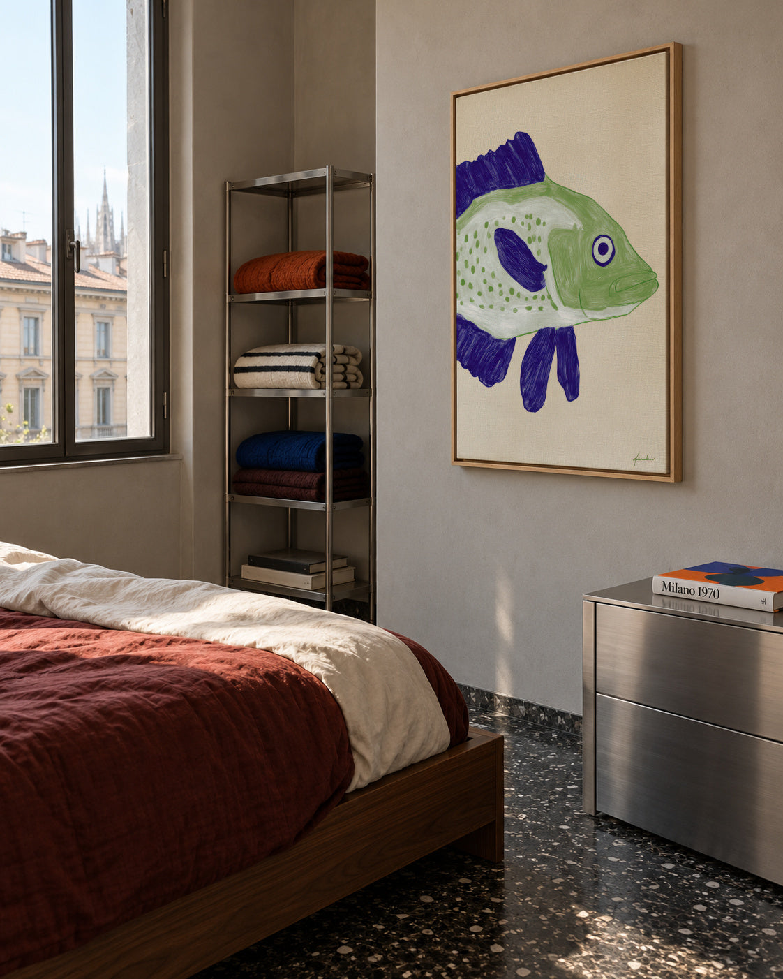 Green Fish - Framed canvas in an interior