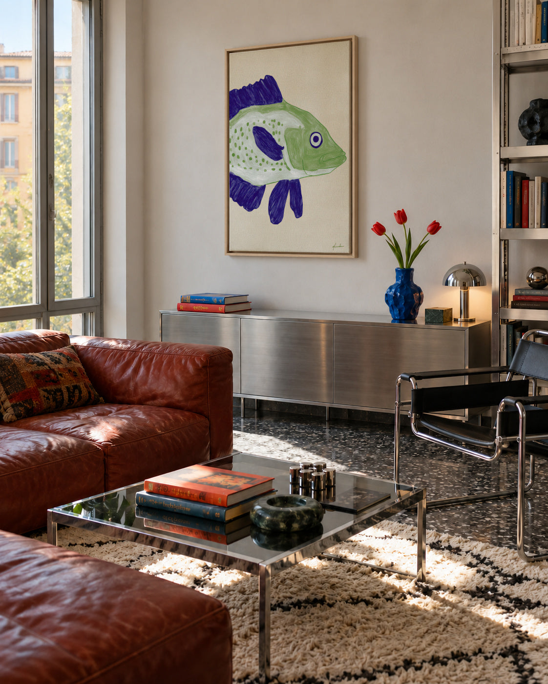 Green Fish - Framed canvas in an interior