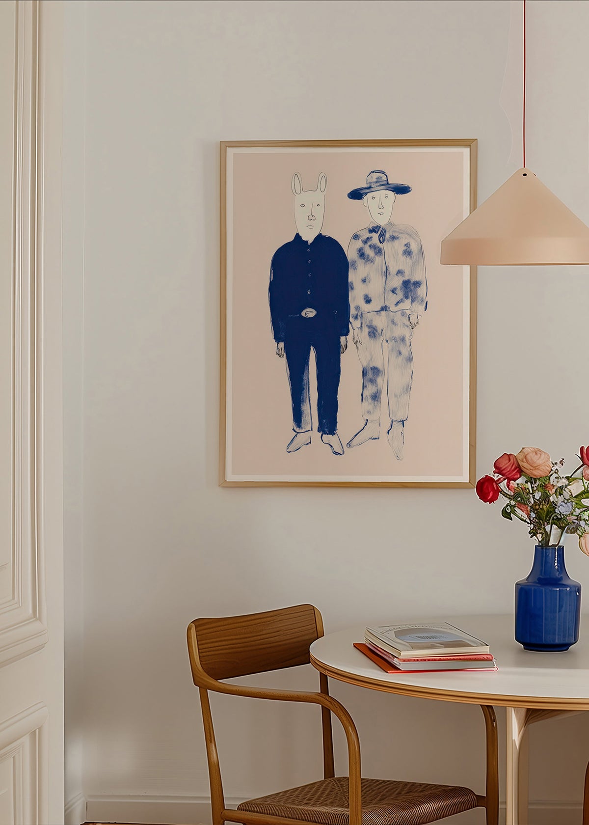 Ilustración de dos figuras con conejito en tinta azul – Product2