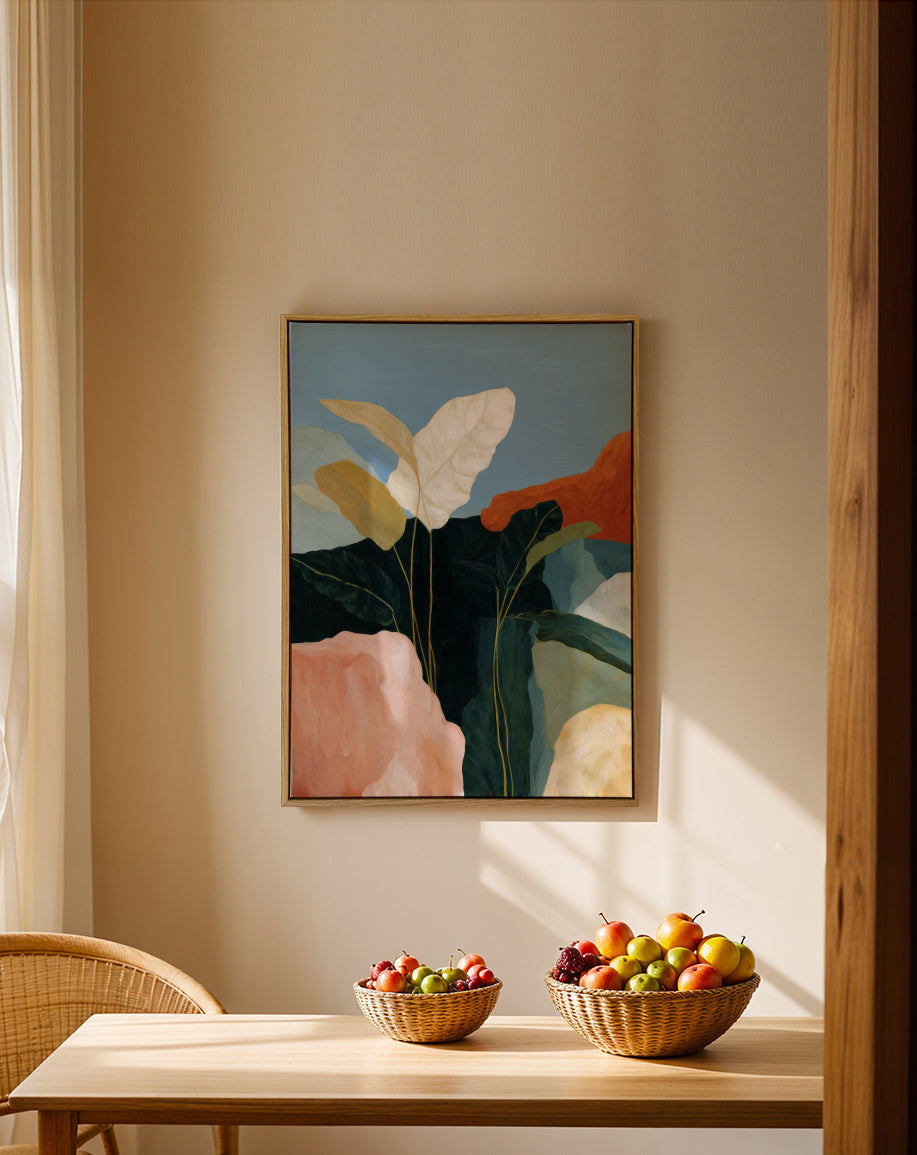 White Leaves II - Framed canvas in an interior