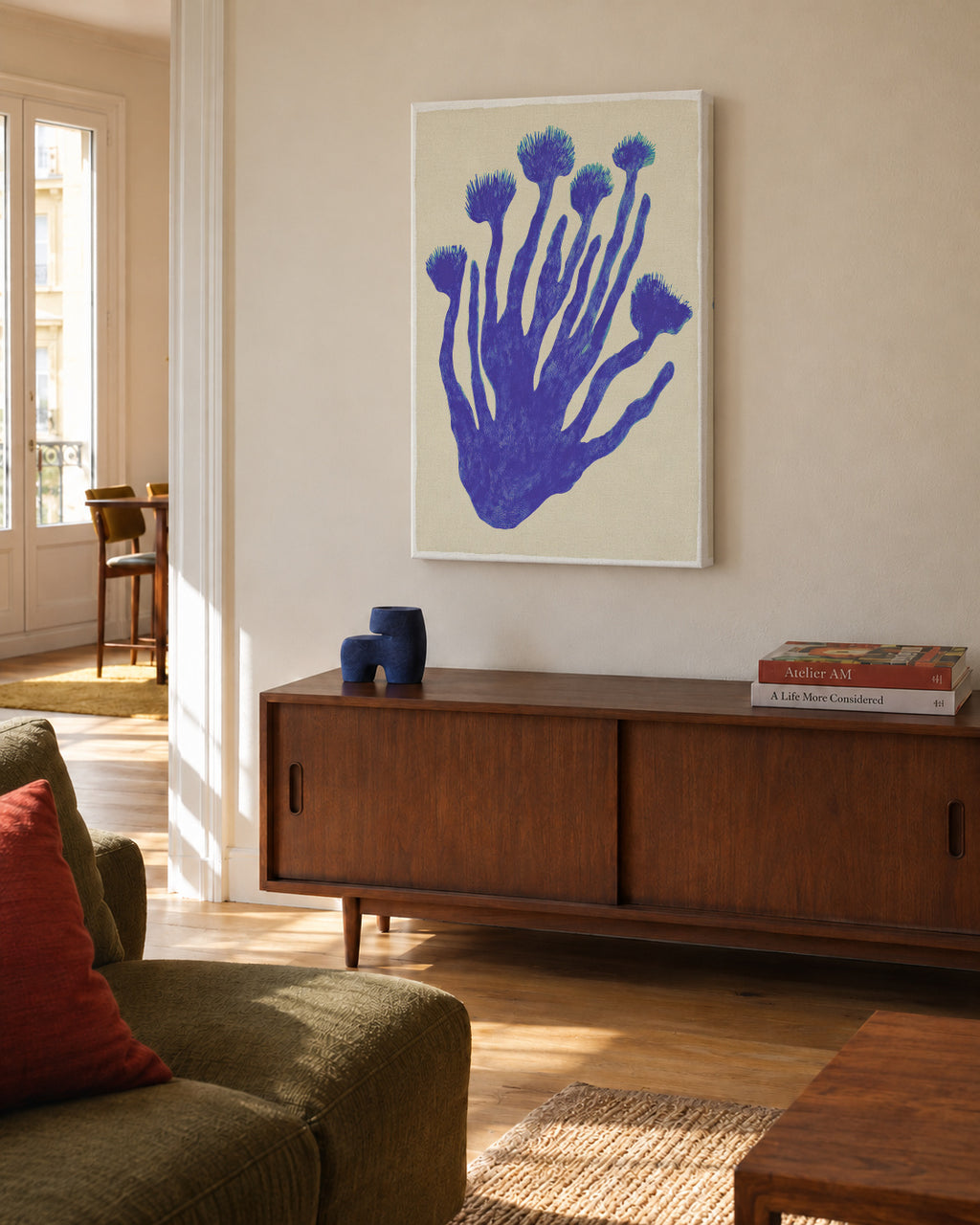 Indigo Coral - Unframed canvas in an interior