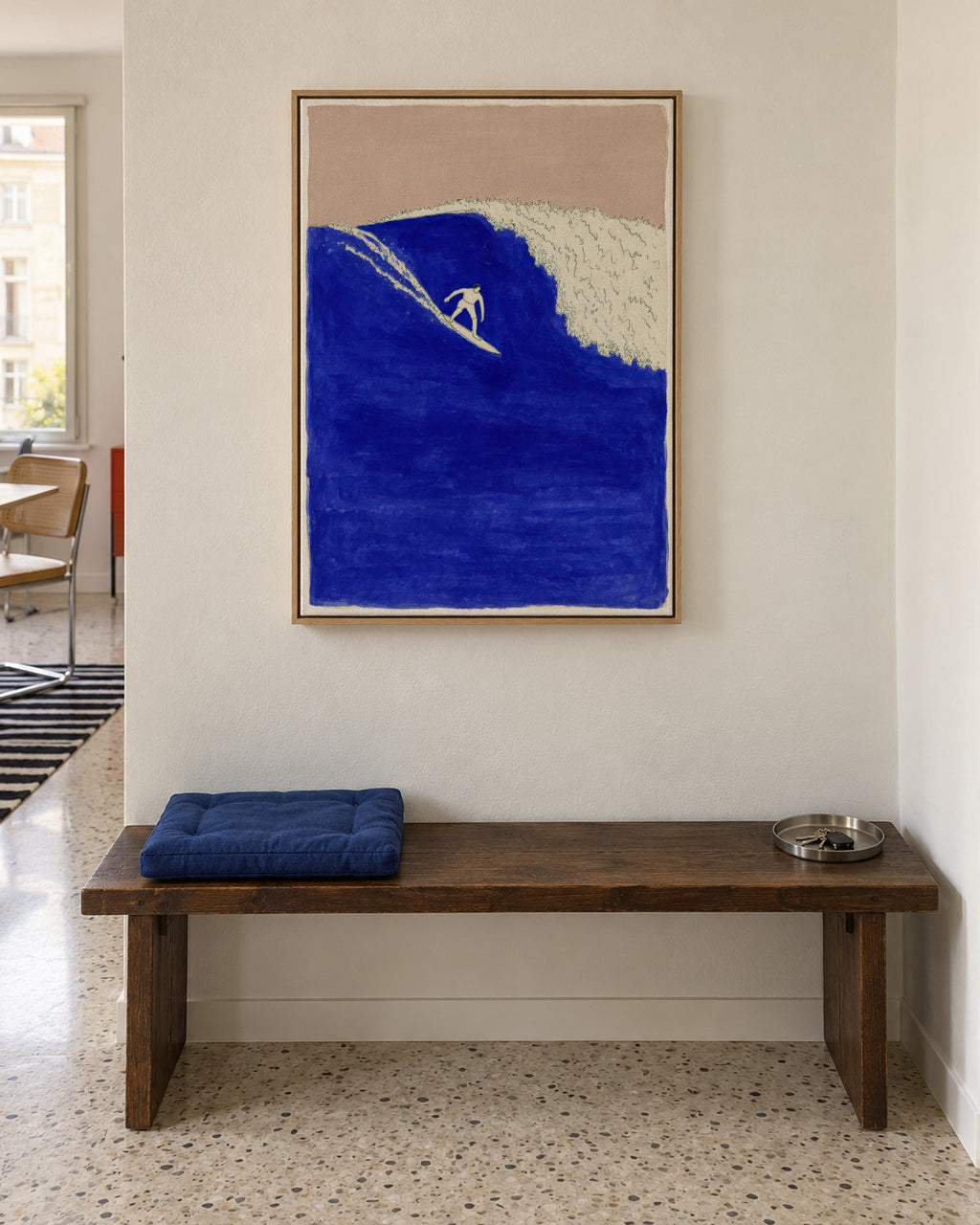 Blue Barrel Wave - Framed canvas in an interior